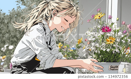Hospitality (kind consideration): A young woman arranging flowers in a vase for guests 134972356