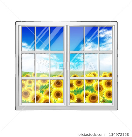 窗戶上倒映著積雨雲和向日葵田 134972368