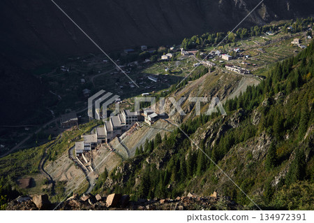 Overview of mining town with facilities built. Industrial landscape Overview of mining town with facilities built. Industrial landscape 134972391