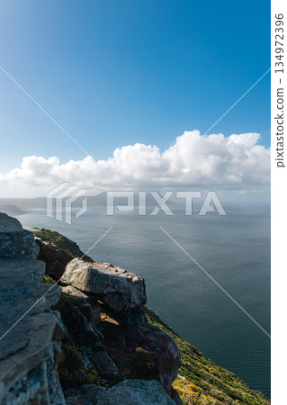 View from high cliff over vast ocean at Cape of Good Hope, South Africa View from high cliff over vast ocean at Cape of Good Hope, South Africa 134972396