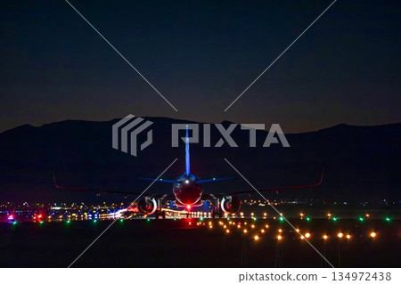 Sendai Airport at night, plane taking off, Natori City, Miyagi Prefecture Sendai Airport at night, plane taking off, Natori City, Miyagi Prefecture 134972438