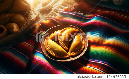 A flat lay view of golden-brown empanadas on a plate, set against the backdrop of a vibrant serape, highlighting the colorful and festive nature of this traditional dish. The natural light enhances A flat lay view of golden-brown empanadas on a plate, set against the backdrop of a vibrant serape, highlighting the colorful and festive nature of this traditional dish. The natural light enhances 134972635