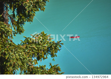 Red Canoe on Turquoise Lake with Pine Tree Foreground and Calm Water Red Canoe on Turquoise Lake with Pine Tree Foreground and Calm Water 134972964