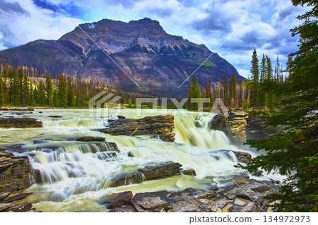 Athabasca Falls Waterfall and Mountain Landscape in Jasper National Park 134972973