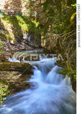 Waterfall and Turquoise Stream Flowing Through Forested Canyon with Walkway Above Waterfall and Turquoise Stream Flowing Through Forested Canyon with Walkway Above 134972987
