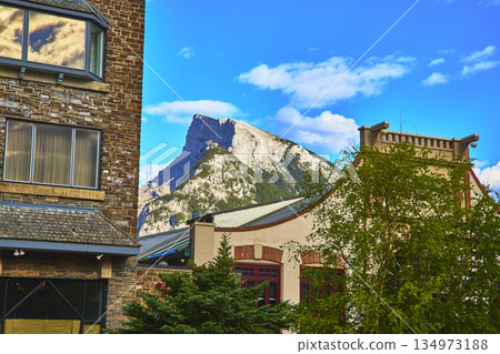 Banff Town Urban Architecture with Majestic Mountain and Lush Trees under Blue Sky Banff Town Urban Architecture with Majestic Mountain and Lush Trees under Blue Sky 134973188