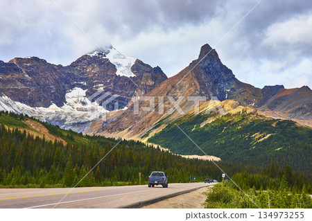 Mountain Highway with Glacier Peaks and Forest in the Canadian Rockies 134973255