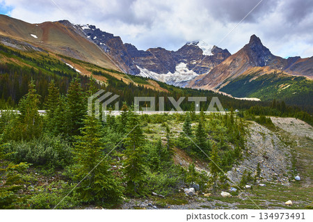 Glacier Mountain Peaks and Evergreen Forest in Dramatic Jasper Canada Landscape 134973491