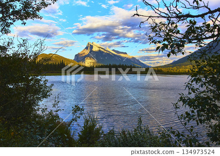 Mountain Lake Forest Reflections at Sunset with Dramatic Sky Mountain Lake Forest Reflections at Sunset with Dramatic Sky 134973524