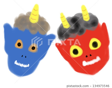 紅色和藍色惡魔臉的插圖 134973546