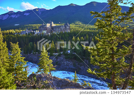 Banff Springs Hotel Castle Forest River and Mountain Landscape from Surprise Corner Banff Springs Hotel Castle Forest River and Mountain Landscape from Surprise Corner 134973547