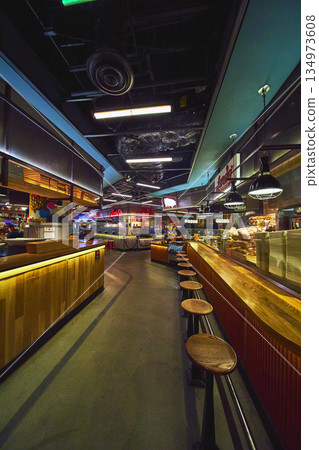 Modern Casino Food Court Seating Neon Lights Las Vegas 134973608