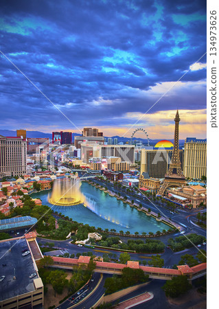 Aerial Las Vegas Strip Bellagio Fountains Eiffel Tower at Sunset Golden Hour 134973626