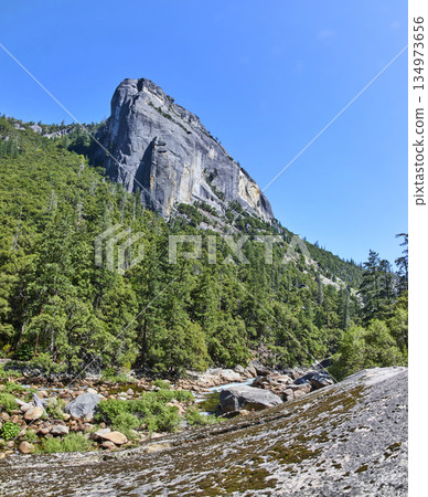 Granite Monolith Forest and Merced River Under Clear Blue Sky in Scenic Panorama 134973656