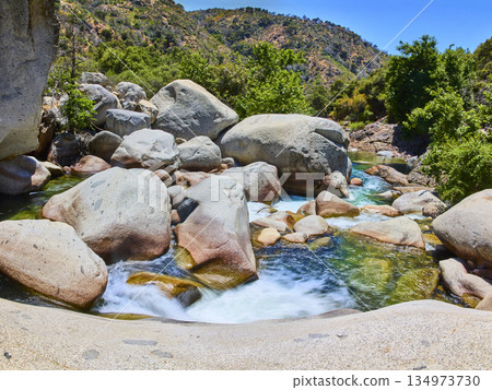 Panorama of Granite Boulders and Flowing River in Mountain Forest Landscape Panorama of Granite Boulders and Flowing River in Mountain Forest Landscape 134973730