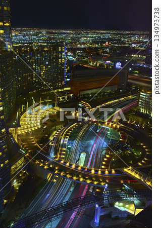 High Angle Las Vegas Strip Night Traffic Light Trails and Cityscape 134973738