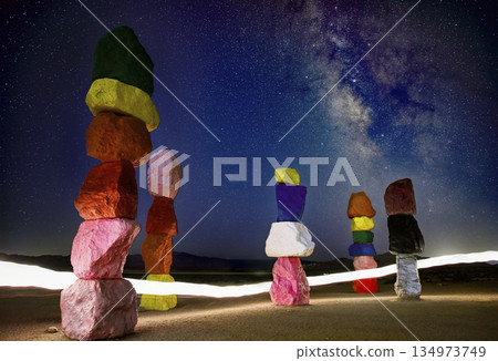 Seven Magic Mountains Colorful Rock Cairns Under Milky Way Night Sky Las Vegas Seven Magic Mountains Colorful Rock Cairns Under Milky Way Night Sky Las Vegas 134973749