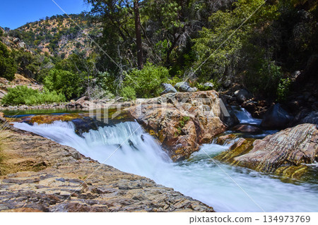 Waterfall and Rocky Stream in Sunlit Forest Sequoia National Park River Scenery Waterfall and Rocky Stream in Sunlit Forest Sequoia National Park River Scenery 134973769