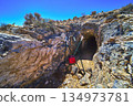 Abandoned Mine Entrance with Warning Sign and Desert Landscape in Nevada 134973781