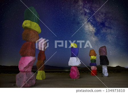 Seven Magic Mountains Colorful Rock Cairns Under Milky Way Night Sky Nevada Seven Magic Mountains Colorful Rock Cairns Under Milky Way Night Sky Nevada 134973810