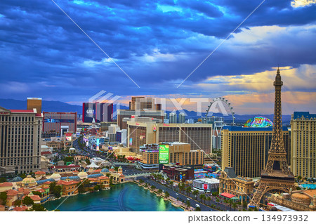 Las Vegas Strip Skyline High Roller Eiffel Tower at Sunset Golden Hour Las Vegas Strip Skyline High Roller Eiffel Tower at Sunset Golden Hour 134973932