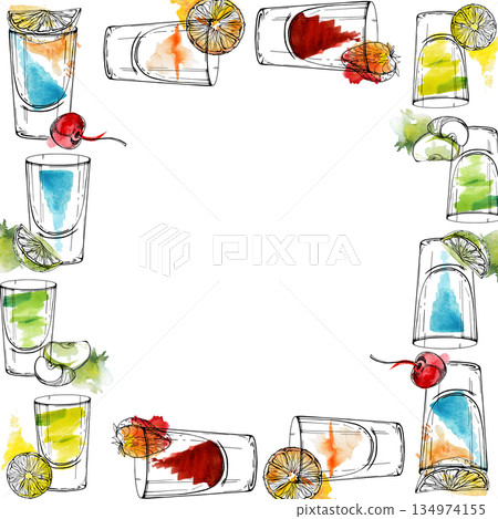 Bright layered shots in assorted colors. Flatliner, blue kamikaze, appletini, lemon, bloody Mary. Watercolor and ink border frame hand drawn for nightlife branding, bar posters, drink event invites. 134974155
