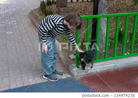 A young boy petting a stray tortoiseshell cat outdoors. Child showing kindness to an animal 134974238