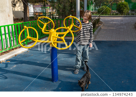 Young boy playing on outdoor equipment with a cat in a park. Childhood friendship. Young boy playing on outdoor equipment with a cat in a park. Childhood friendship. 134974243