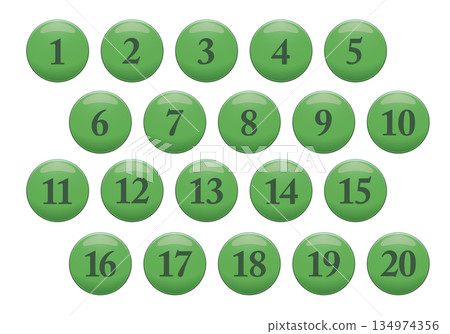 Set of three-dimensional green circle number icons. 1 to 20. Vector illustration on a white background. 134974356