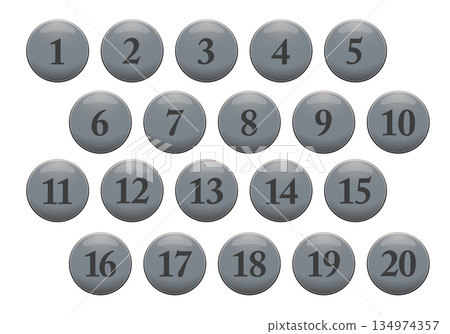 Set of gray circle number icons with a three-dimensional feel. From 1 to 20. Vector illustration on a white background. Set of gray circle number icons with a three-dimensional feel. From 1 to 20. Vector illustration on a white background. 134974357