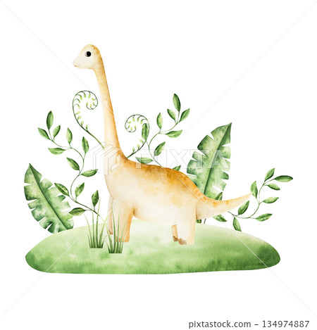 Cute dinosaur in tropical leaves. Watercolor hand drawn prehistoric diplodocus, Brachiosaurus animal. Isolated illustration on transparent background. Perfect for for nursery and baby shower, tropical 134974887