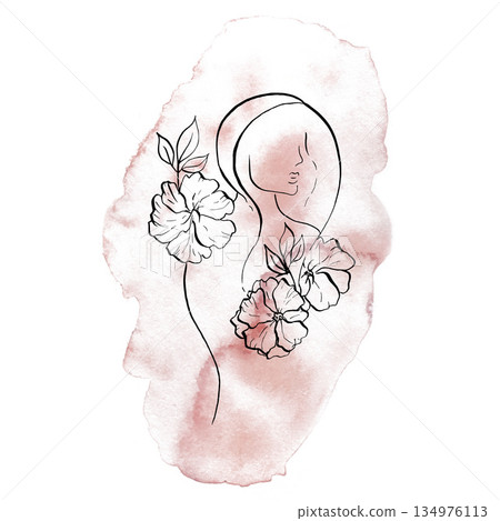 Elegant female face with delicate chrysanthemum, osteospermum, chamomile begonia, aster, eustoma, rosehip. Hand painted watercolor red background, linear contour flower isolated. Botanical, tattoo and 134976113