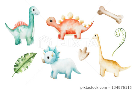 Cute dinosaur set, Tropical leafs, bones. Watercolor hand drawn prehistoric triceratops, diplodocus,Spinosaurus, Brachiosaurus animal. Isolated illustration on transparent background. Perfect for for 134976115