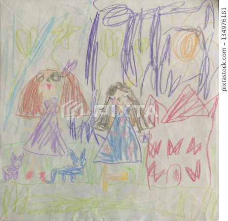 Grandmother and granddaughter dancing in dresses drawn by kindergarteners 134976181