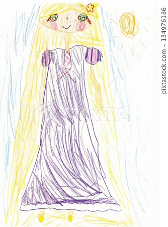 A princess with long blonde hair and a purple dress drawn by a kindergartener 134976186