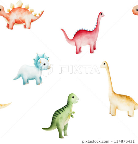 Seamless pattern with cute dinosaur. Watercolor hand drawn prehistoric triceratops, diplodocus,Spinosaurus, Brachiosaurus animal. Isolated illustration on transparent background. Perfect for for Seamless pattern with cute dinosaur. Watercolor hand drawn prehistoric triceratops, diplodocus,Spinosaurus, Brachiosaurus animal. Isolated illustration on transparent background. Perfect for for 134976431