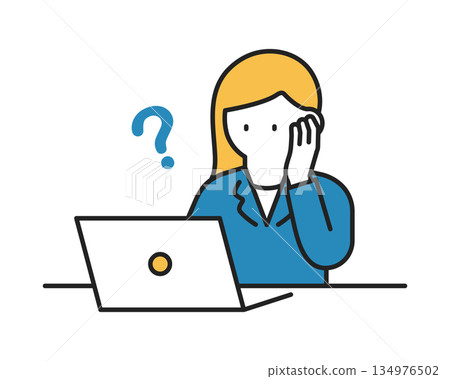 A woman in a suit operating a laptop - thinking/doubting - color 134976502