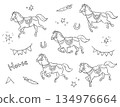 馬匹動物插畫：奔跑的馬、馬蹄鐵和花環，手繪背景透明線條畫集/無顏色 134976664