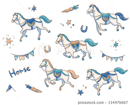 Horse illustration set, running figure and Scandinavian style ornament, watercolor style hand-drawn color material Horse illustration set, running figure and Scandinavian style ornament, watercolor style hand-drawn color material 134976667
