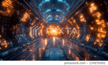 A linear energy tunnel inside a futuristic space facility. Its glowing orange core and blue wiring illuminate it. A linear energy tunnel inside a futuristic space facility. Its glowing orange core and blue wiring illuminate it. 134976992