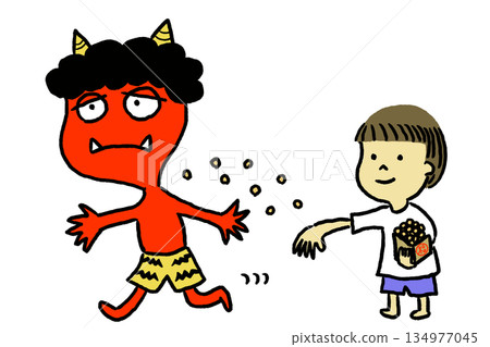 插圖描繪了一個面帶微笑的孩子和一個紅色的惡魔從節分撒豆儀式中逃離的場景。 134977045