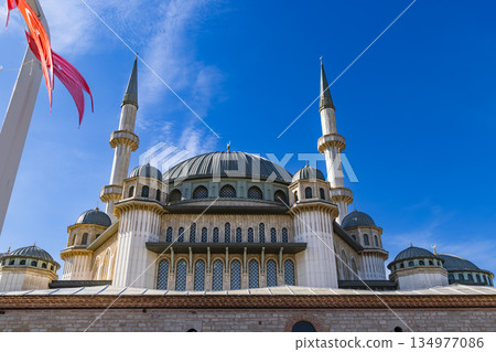 伊斯坦堡塔克西姆清真寺和土耳其國旗 134977086