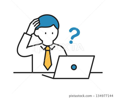 一位正在操作筆記型電腦的商人——思考/懷疑——色彩 一位正在操作筆記型電腦的商人——思考/懷疑——色彩 134977144