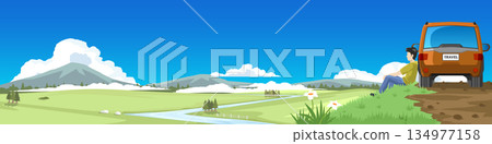 Young man traveler sitting on grass near orange SUV car looking at beautiful mountain landscape with river. Summer road trip vacation and adventure travel concept vector illustration. Young man traveler sitting on grass near orange SUV car looking at beautiful mountain landscape with river. Summer road trip vacation and adventure travel concept vector illustration. 134977158