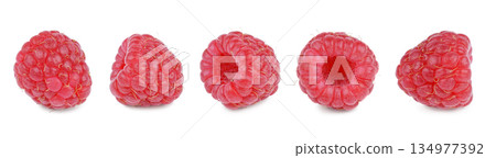 Fresh red ripe raspberries set from different angles isolated on white background, macro, close up Fresh red ripe raspberries set from different angles isolated on white background, macro, close up 134977392