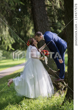 Bride and groom sharing kiss by forest tree trunk 134977678