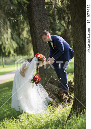 Bride leaning while groom holds her hand with forest background 134977681