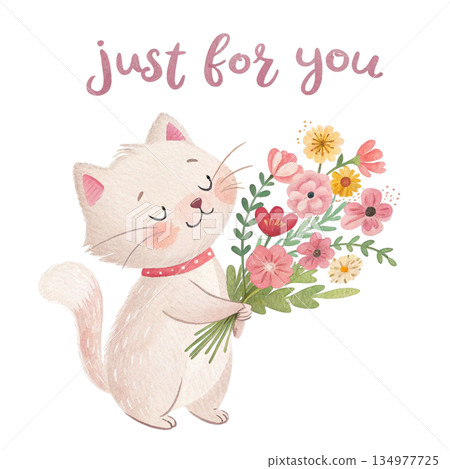 Cute kitten holding a pastel pink flower bouquet soft watercolor illustration 134977725