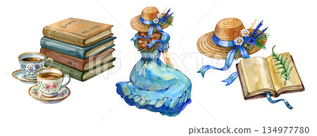 Watercolor cottagecore set with vintage books, floral teacups, a girl in a blue dress, a straw hat with daisies, and an open herbarium book. Ideal for stationery, branding, packaging, invitations. 134977780