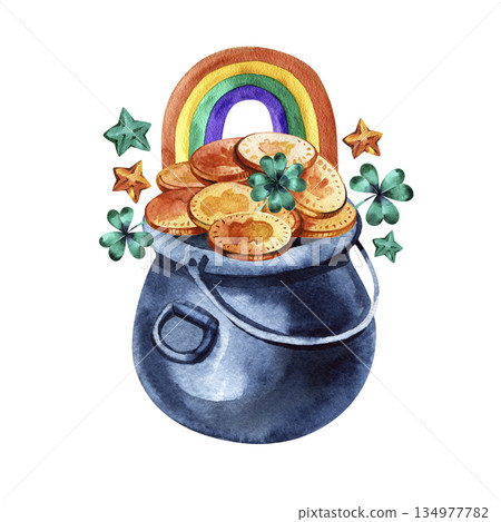 Festive watercolor illustration of a black pot filled with golden coins, decorated with a rainbow, lucky clovers, and stars. A magical hand-painted symbol of fortune for St. Patrick's Day. Festive watercolor illustration of a black pot filled with golden coins, decorated with a rainbow, lucky clovers, and stars. A magical hand-painted symbol of fortune for St. Patrick's Day. 134977782